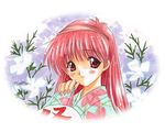  1girl 90s fan flower fujisaki_shiori japanese_clothes kimono nanase_aoi paper_fan pink_hair signature tokimeki_memorial tokimeki_memorial_1 uchiwa yukata 