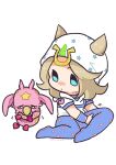  1boy 1other absurdres beanie blonde_hair blue_eyes blue_pants blue_sleeves chibi chibi_only colored_skin commentary hat highres hood hood_down hoodie horseshoe_hat_ornament horseshoe_ornament johnny_joestar jojo_no_kimyou_na_bouken m_a_a_m_8 male_focus on_floor pants pink_skin short_sleeves simple_background sitting stand_(jojo) star_(symbol) star_print steel_ball_run symbol-only_commentary tusk_(stand) tusk_act1 two-tone_sleeves white_background white_hat white_hoodie white_sleeves 