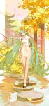  1girl absurdres acr_(dash) aqua_eyes aqua_hair architecture black_bow bow bridge brown_shoes china_dress chinese_clothes closed_mouth clothing_cutout commentary day dress dress_bow east_asian_architecture falling_leaves fish footwear_bow full_body ginkgo_leaf goldfish hand_fan hatsune_miku highres holding holding_behind_back holding_fan leaf long_hair mandarin_collar outdoors pankou shoes short_sleeves side_slit socks solo standing stone_bridge tuanshan twintails very_long_hair vocaloid white_dress white_socks yellow_bow yellow_leaves 