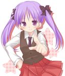  buttons collared_shirt dress_shirt hiiragi_kagami long_hair looking_at_viewer lucky_star pleated_skirt purple_eyes purple_hair red_skirt shiratama_yomogi shirt simple_background skirt solo twintails vest white_background white_shirt 