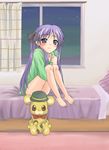  bare_legs barefoot bed bed_sheet bonta-kun bottomless full_body full_metal_panic! hiiragi_kagami indoors long_hair looking_at_viewer lucky_star on_bed pajamas purple_hair sitting solo very_long_hair yuki_mashiro 