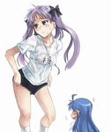  :d ahoge aqua_eyes artist_request bangs black_bow black_buruma blue_hair blush body_blush bow bra breasts buruma chibi chibi_inset closed_mouth clothes_writing collarbone dressing feet_out_of_frame furrowed_eyebrows gym_shirt gym_uniform hair_bow hiiragi_kagami izumi_konata kneehighs long_hair lucky_star medium_breasts motion_lines multiple_girls name_tag no_eyes open_mouth purple_hair raised_eyebrow see-through shirt short_sleeves sideways_mouth simple_background smile source_request sweat t-shirt tsurime twintails underwear very_long_hair white_background white_legwear 