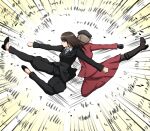  2girls black_jacket black_shoes black_suit boots breasts brown_boots brown_gloves clenched_hand fighting_stance flying_kick full_body girls_und_panzer gloves highres hokuto_no_ken jacket kenshiro kicking large_breasts multiple_girls nishizumi_shiho omachi_(slabco) red_jacket shimada_chiyo shin_(hokuto_no_ken) shirt shoes straight_hair suit white_shirt 