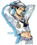  1boy anchor_ornament anchor_symbol arms_behind_head arms_up belt black_hair blue_belt blue_neckerchief commentary_request compass_rose copyright_name cropped_legs dixie_cup_hat drop_shadow green_eyes green_lips hat higashikata_josuke_(jojolion) jojo_no_kimyou_na_bouken jojolion lipstick looking_to_the_side makeup male_focus midriff military_hat narita_imomushi navel neckerchief pants pink_belt sailor sailor_collar sailor_hat shirt short_hair simple_background solo two-tone_belt white_background white_hat white_pants white_sailor_collar white_shirt 