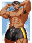  1boy abs adjusting_eyewear arms_up balo_dqx_ff14 bara beard black_hair black_male_swimwear brown_eyes bulge chinstrap_beard cowboy_shot dark-skinned_male dark_skin excessive_armpit_hair facial_hair highres large_pectorals looking_at_viewer male_focus male_swimwear muscular muscular_male nipples open_mouth original pectorals short_hair signature smile solo sunglasses swim_trunks swimsuit thick_eyebrows thick_navel_hair thick_thighs thighs topless_male v-shaped_eyebrows 