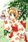  1girl card_captor_sakura clamp female fish japanese_clothes kimono kinomoto_sakura koi outdoors ribbon solo twintails 
