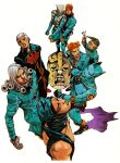  2others 6+boys animal_ears araki_hirohiko battle_tendency belt black_gloves black_necktie black_shirt blue_coat blue_jacket blue_pants blue_skin blue_sweater blue_theme buzz_cut cassock cat_ears coat collared_shirt colored_skin curly_hair dark-skinned_male dark_skin diamond_wa_kudakenai dio_brando enrico_pucci formal_clothes from_above funny_valentine gloves green_belt green_hair grey_gloves grey_hair grey_headband grey_helmet grey_shirt hatching_(texture) headband headscarf helmet highres holding holding_stuffed_toy in-franchise_crossover jacket jojo_no_kimyou_na_bouken kars_(jojo) killer_queen kira_yoshikage long_coat long_hair looking_at_viewer male_focus multiple_boys multiple_others necktie official_alternate_costume official_art orange_hair orange_lips pants priest purple_suspenders revealing_clothes scan shadow shirt short_hair simple_background stand_(jojo) standing stardust_crusaders steel_ball_run stone_mask_(jojo) stone_ocean stuffed_animal stuffed_mouse stuffed_toy suit suit_jacket sweater the_world time_paradox traditional_media vento_aureo very_short_hair vinegar_doppio white_background yellow_lips 