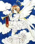  1girl angel card_captor_sakura clamp cloud column female halo horn kinomoto_sakura kneeling pillar solo wings 