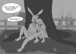 agidyne anthro bottomwear buckteeth clothing cousins_(lore) denim denim_bottomwear denim_clothing dialogue duo english_text eyes_closed female fence freckles hi_res hoodie jeans lagomorph leporid looking_at_another male mammal monochrome pants plant rabbit rose&#039;s_mom_(agidyne) rose_(agidyne) simple_background sitting stephen&#039;s_mom_(agidyne) stephen_(agidyne) teeth text topwear tree under_shade