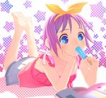  barefoot blue_eyes book casual face feet food hairband hands hiiragi_tsukasa lucky_star lying on_stomach open_book popsicle purple_hair ribbon short_hair skirt soles solo star uni 