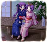  blue_eyes blue_kimono floral_print hayashi_sakura hiiragi_kagami hiiragi_tsukasa japanese_clothes kimono lucky_star multiple_girls pink_kimono print_kimono purple_hair siblings sisters twins twintails veranda yukata 