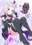  1girl absurdres black_gloves black_thighhighs blush eureka_illust gem gloves hair_ornament highres hime_cut holding holding_staff hololive lagu_(mahou_shoujo_holowitch!) magic_circle magical_girl mahou_shoujo_holowitch! mascot murasaki_shion orange_eyes purple_gemstone smile staff thighhighs v virtual_youtuber white_hair 