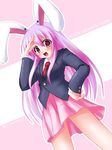  animal_ears blazer bunny_ears hand_on_hip hand_over_face jacket long_hair necktie pink_hair red_eyes red_neckwear reisen_udongein_inaba solo touhou 