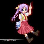  afrostar alternate_hairstyle blue_eyes cosplay crossover higurashi_no_naku_koro_ni hiiragi_tsukasa izumi_konata lucky_star necktie ponytail purple_hair red_neckwear socks solo sonozaki_mion sonozaki_mion_(cosplay) stuffed_animal stuffed_toy syringe 