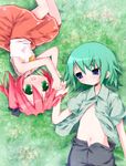  androgynous blue_eyes flat_chest grass green_eyes green_hair happy holding_hands iwasaki_minami kobayakawa_yutaka kuroba_u lucky_star lying midriff multiple_girls no_bra open_clothes open_shirt pink_hair shirt short_twintails shorts skirt twintails 