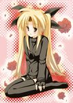  :o arikawa_satoru black_legwear blonde_hair blush breasts covered_navel covered_nipples fate_testarossa flower full_body long_hair long_sleeves lyrical_nanoha mahou_shoujo_lyrical_nanoha_strikers medium_breasts parted_lips rose sidelocks sitting skin_tight solo sweater thighhighs twintails wariza zettai_ryouiki 