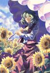  1girl ascot bababa blue_sky brush_stroke cloud cloudy_sky collared_shirt commentary_request day expressionless feet_out_of_frame field flower flower_field green_hair highres holding holding_umbrella kazami_yuuka long_skirt long_sleeves looking_at_viewer medium_hair outdoors parasol pink_umbrella plaid_clothes plaid_skirt plaid_vest red_eyes red_skirt red_vest shirt skirt sky solo standing sunflower touhou umbrella vest white_shirt yellow_ascot 