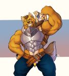  anthro arm_tuft armor belt blue_bottomwear blue_clothing blue_kerchief blue_neckerchief blue_pants bottomwear brown_belt brown_bottomwear brown_clothing brown_pants canid canine carrying_another cheek_tuft clothed clothing duo ear_piercing ear_ring elbow_tuft extreme_size_difference eyebrow_piercing eyebrow_ring facial_piercing facial_tuft front_view fur grin hi_res kerchief male mammal multiple_piercings muscular muscular_anthro muscular_male navel neck_tuft neckerchief neckwear on_shoulder orange_body orange_fur orange_pupils pants piercing pupils ring_piercing simple_background sitting size_difference smile solaxe solaxe_(artist) standing tuft white_body white_fur yellow_body yellow_eyes yellow_fur 