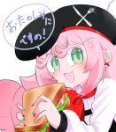  1girl :3 akujiki-san akujiki-san_no_gohan aqua_nails beret black_dress black_hat colored_eyelashes dress earrings food fork green_hair hair_ornament hairclip hat holding holding_food holding_sandwich jewelry kikuzuma_hiroki knife looking_at_viewer nail_polish official_art open_mouth pink_hair print_hat red_nails red_ribbon red_scarf red_trim ribbon sandwich scarf shirt solo speech_bubble tomato tomato_slice translation_request upper_body white_background white_shirt 