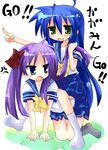  :d ahoge all_fours bow bowtie breasts full_body girl_on_top hiiragi_kagami index_finger_raised izumi_konata long_hair looking_at_viewer lucky_star mole mole_under_eye multiple_girls open_mouth pointing purple_hair ryouou_school_uniform sailor_collar school_uniform serafuku simple_background sitting sitting_on_person small_breasts smile soranon straddling upright_straddle very_long_hair white_background yellow_bow yellow_neckwear yuri 
