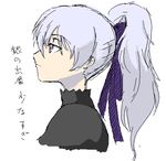  1girl darker_than_black female grey_hair hair_ribbon lowres ponytail profile purple_eyes purple_ribbon ribbon simple_background solo text white_background yin 