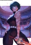  bandage_over_one_eye belt burn_scar erotic_nansensu glasses gold_buckle green_hair hand_on_own_hip high-waist_pants highres holding holding_sword holding_weapon jujutsu_kaisen multiple_scars muscular muscular_female narrow_waist pants round_eyewear scar scars_all_over sword thick_thighs thighs weapon white_belt yellow_eyes zen&#039;in_maki 