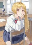  2girls absurdres ahoge blonde_hair blue_skirt bocchi_the_rock! bow bowtie chair classroom commentary desk grin hand_on_own_cheek hand_on_own_face highres holding holding_pen ijichi_nijika indoors light_blush long_hair long_sleeves looking_at_viewer multiple_girls pen pleated_skirt polka_dot polka_dot_bow polka_dot_bowtie red_bow red_bowtie red_eyes red_shoes school_chair school_desk school_uniform shimokitazawa_high_school_uniform shirt shoes shosann1612 side_ponytail sitting sitting_backwards skirt smile socks solo_focus white_shirt white_socks yamada_ryo 