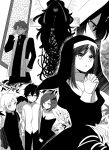  3boys 3girls aaniko adjusting_eyewear alternate_costume azami_(kagerou_project) cassock clerical_collar closed_mouth coif commentary_request cropped_torso cross cross_necklace cross_print dress facial_hair father_and_daughter feet_out_of_frame grandmother_and_granddaughter greyscale guimpe hair_between_eyes hair_ornament hair_ribbon halo halo_behind_head hand_up hatching_(texture) highres interlocked_fingers jewelry kagerou_project kano_shuuya kido_tsubomi kozakura_marry latin_cross linear_hatching long_hair long_sleeves looking_ahead looking_at_viewer monochrome multiple_boys multiple_girls necklace nun own_hands_together pants parted_lips praying priest rectangular_eyewear ribbon semi-rimless_eyewear seto_kousuke shirt short_hair stained_glass standing stole stubble sunburst tateyama_ayano tateyama_kenjirou under-rim_eyewear untucked_shirt upper_body veil very_long_hair wavy_hair white_background x_hair_ornament 