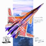  ace_combat aircraft airplane anniversary commentary_request fighter_jet highres military_vehicle no_humans official_art sky tenjin_hidetaka translation_request vehicle_focus x-02_wyvern 