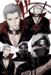  2boys akatsuki_uniform anger_vein blank_speech_bubble colored_sclera forehead_protector green_eyes grey_hair hair_slicked_back hidan_(naruto) highres holding holding_scythe jewelry kakuzu_(naruto) looking_at_viewer male_focus mask mouth_mask multiple_boys multiple_views naruto_(series) naruto_shippuuden necklace ninja ninja_mask red_eyes red_sclera scythe short_hair simple_background speech_bubble sso_s takigakure_symbol upper_body white_background 