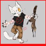 anthro arm_scar arthropod barefoot black_clothing black_shirt black_topwear bottomwear brown_bottomwear brown_clothing brown_pants carcass clothed clothed_male clothing domestic_cat duo feet felid feline felis fully_clothed fully_clothed_male fur hi_res holding_corpse insect larva maggot male mammal pants puppy_meats rodent scar sciurid shirt topwear tree_squirrel white_body white_fur