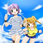  :d ;o bare_legs blonde_hair blue_sky breasts cloud collarbone day green_eyes kei_(fortune) large_breasts light_rays long_hair looking_at_viewer lyrical_nanoha mahou_shoujo_lyrical_nanoha_strikers multiple_girls one_eye_closed open_mouth purple_hair running shirt shoes short_shorts short_sleeves shorts sky smile sneakers striped striped_shirt subaru_nakajima sunlight sweatband teana_lanster twintails underwear very_long_hair wince 
