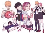  1girl 2boys absurdres alternate_universe bag ball basketball_(object) basketball_jersey bench bike_shorts black_eyes black_hair blonde_hair blue_eyes cellphone commentary_request green_eyes gym_shorts hairband haruno_sakura highres holding holding_ball holding_juice_box holding_phone jacket korean_commentary korean_text miniskirt multiple_boys naruto_(series) naruto_shippuuden negeotibeu_dungji phone pink_hair pink_hairband pink_sports_bra pleated_skirt sai_(naruto) school_bag school_uniform serafuku shorts sitting skirt smartphone sports_bra stretching track_jacket translation_request uchiha_sasuke 