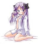  akari_ryuryuwa barefoot blush bottomless dress_shirt feet hiiragi_kagami kneeling lucky_star open_clothes open_shirt shirt solo 