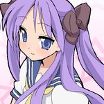  hair_ribbon hiiragi_kagami long_hair lowres lucky_star oekaki purple_eyes purple_hair r-type_nirvana ribbon ryouou_school_uniform school_uniform serafuku smile solo tsurime twintails yellow_neckwear 