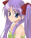  bare_shoulders blue_eyes blush body_blush bow frown hair_bow hiiragi_kagami long_hair looking_at_viewer lucky_star pink_hair red_bow simple_background solo twintails utsubo_kazura white_background 