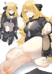  !? 1girl absurdres barefoot black_pants black_shirt black_shoes blonde_hair blush breasts cleavage cynthia_(pokemon) feet foot_focus foreshortening full_body fur_trim grey_eyes hair_ornament hair_over_one_eye high_heels highres holding holding_shoes holding_unworn_clothes large_breasts long_hair long_sleeves looking_at_viewer multiple_views nekokaminari on_ground one_eye_covered pants parted_lips pokemon pokemon_dppt removing_pants shirt shoes simple_background sitting soles sweaty_foot thighs toenails toes unworn_shoes very_long_hair white_background 