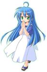  ahoge blue_hair dress full_body green_eyes izumi_konata long_hair looking_at_viewer lucky_star mole mole_under_eye own_hands_together sandals shiumai sidelocks simple_background solo standing toes very_long_hair white_background white_dress 