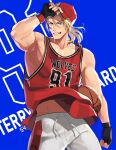 1boy 54_hoshi ball baseball_cap basketball_(object) basketball_jersey black_gloves blonde_hair blue_background blue_eyes character_name clothes_lift fatal_fury fingerless_gloves gloves grin hat highres holding holding_ball long_hair looking_at_viewer male_focus midriff_peek muscular muscular_male official_alternate_costume pants ponytail red_hat red_shirt removing_hat shirt shirt_lift smile solo street_fighter street_fighter_6 sweatpants terry_bogard the_king_of_fighters white_pants 