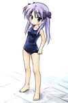  barefoot blue_eyes hiiragi_kagami lucky_star masakichi_(crossroad) one-piece_swimsuit purple_hair school_swimsuit solo swimsuit wet 