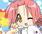  ;d blush brown_eyes face finger_to_mouth kogami_akira lowres lucky_star minami_juujisei one_eye_closed open_mouth pink_hair short_hair smile solo star upper_body 