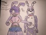 absurd_res anthro areola areola_slip belt belt_buckle big_breasts big_ears bikini bikini_top bonfie_(cryptiacurves) bonnie_(fnaf) bottomwear bow_tie breasts buckle choker clothing denim denim_bottomwear denim_clothing denim_shorts dialogue duo eyelashes female five_nights_at_freddy&#039;s floppy_ears fredina&#039;s_nightclub hair hi_res highlights_(coloring) jewelry kiss_mark lagomorph maddest_(artist) male male/female mammal necklace one_eye_obstructed purple_body purple_ears purple_hair red_highlights scottgames shorts stare surprised swimwear thousand_yard_stare traditional_media_(artwork) two-piece_swimsuit wet wet_clothing