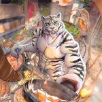 abs action_pose anthro balls biceps blue_eyes bodily_fluids bracelet claws cooking egg eyebrows felid food fur genital_fluids genitals hair horn humanoid humanoid_genitalia humanoid_penis jewelry log lycanimation male mammal meat muscular muscular_anthro muscular_male nude pan pantherine penis plant pose pupils smile solo solo_focus spiked_bracelet spikes striped_body striped_fur stripes tail teeth tiger toe_claws tree vein werecreature werefelid werepantherine weretiger white_balls white_body white_fur wood