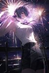  1girl absurdres armpits bab_du_666 black_choker black_ribbon black_shorts breasts chainsaw_man choker fireworks grin hair_bun handrail high-waist_shorts highres looking_at_viewer medium_breasts neck_ribbon one_eye_covered purple_hair reze_(chainsaw_man) ribbon shirt shorts sidelocks sleeveless sleeveless_shirt smile solo white_shirt 