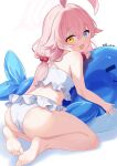  1girl absurdres ahoge art_crab barefoot bikini blue_archive fang frilled_bikini frills hair_bobbles hair_ornament halo heterochromia highres hoshino_(blue_archive) hoshino_(swimsuit)_(blue_archive) huge_ahoge inflatable_toy inflatable_whale kneeling long_hair looking_at_viewer looking_back low_twintails official_alternate_costume pink_hair pink_halo skin_fang solo swimsuit toes twintails white_background white_bikini 