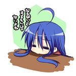  ahoge blue_hair closed_eyes izumi_konata long_hair lowres lucky_star mole mole_under_eye mori_keiji solo table translation_request 