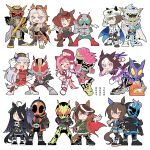  6+boys 6+girls absurdres admire_vega_(starry_nocturne)_(umamusume) admire_vega_(umamusume) animal_ears black_hair brown_hair cheval_grand_(grand_itineraire)_(umamusume) cheval_grand_(umamusume) cup ear_covers gold_ship_(red_strife)_(umamusume) gold_ship_(umamusume) haru_urara_(bestest_prize)_(umamusume) haru_urara_(umamusume) highres holding holding_cup holding_sword holding_weapon horse_ears horse_tail kamen_rider kamen_rider_01_(series) kamen_rider_den-o kamen_rider_den-o_(series) kamen_rider_ex-aid kamen_rider_ex-aid_(series) kamen_rider_gavv kamen_rider_gavv_(series) kamen_rider_ghost kamen_rider_ghost_(series) kamen_rider_zero-one kamen_rider_zi-o_(series) looking_at_viewer manhattan_cafe_(creeping_black)_(umamusume) manhattan_cafe_(umamusume) multiple_boys multiple_girls nice_nature_(poinsettia_ribbon)_(umamusume) nice_nature_(umamusume) ohma_zi-o okisurya70 orfevre_(control)_(umamusume) orfevre_(umamusume) pink_eyes pink_hair purple_eyes smile special_week_(special_dreamer)_(umamusume) special_week_(umamusume) sword symboli_rudolf_(emperor's_path)_(umamusume) symboli_rudolf_(umamusume) tail tokusatsu umamusume weapon white_background yellow_eyes 