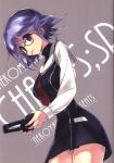  1girl black_sweater blue_hair breasts chaos;child dress_vest from_below from_side glasses headphones hekiho_academy_school_uniform highres holding holding_headphones kazuki_hana lollipop_in_mouth long_sleeves looking_at_viewer medium_breasts miniskirt necktie official_art purple_eyes red-framed_eyewear red_necktie sailor_collar sailor_shirt sasaki_mutsumi school_uniform science_adventure shirt short_hair short_necktie skirt solo sweater turtleneck white_sailor_collar 