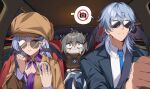  1boy 2girls black_suit black_wings blue_necktie bound breasts brown_coat brown_hat camera car_interior cleavage coat collared_shirt earrings green_eyes grey_hair hat head_wings heta highres holding honkai:_star_rail honkai_(series) jewelry long_hair long_sleeves multiple_girls necktie restrained robin_(honkai:_star_rail) rope round_eyewear seatbelt shirt speech_bubble stelle_(honkai:_star_rail) suit sunday_(honkai:_star_rail) sunglasses tied_up_(nonsexual) trailblazer_(honkai:_star_rail) trembling white_shirt wings 