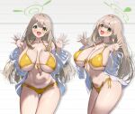  1girl :d areola_slip bikini blue_archive blush breasts brown_hair green_halo halo highres huge_breasts long_hair looking_at_viewer multiple_views navel nonomi_(blue_archive) nonomi_(swimsuit)_(blue_archive) official_alternate_costume open_clothes open_mouth open_shirt sakusakusakurai shirt side-tie_bikini_bottom smile stomach swimsuit white_shirt yellow_bikini 